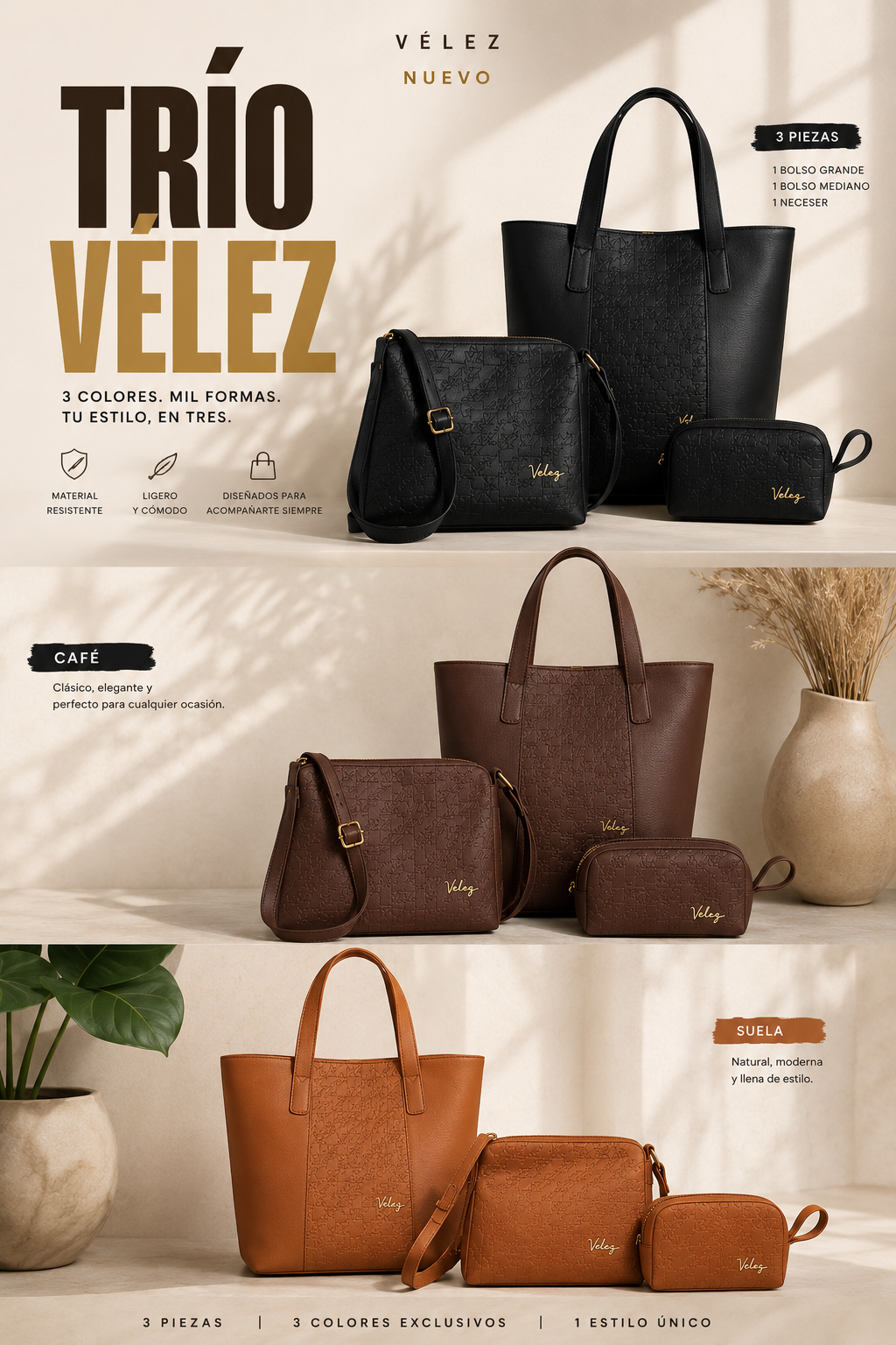 TRIO BOLSO BILLETERAS VELEZ